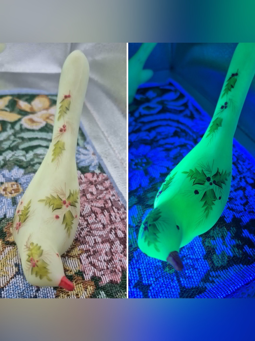 Fenton Uranium Custard Glass Bird Happiness Christmas Mistletoe Holly THORNTON